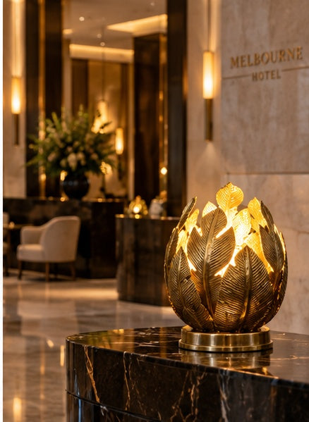 Moroccan lotus leaf brass lamp in luxury hotel