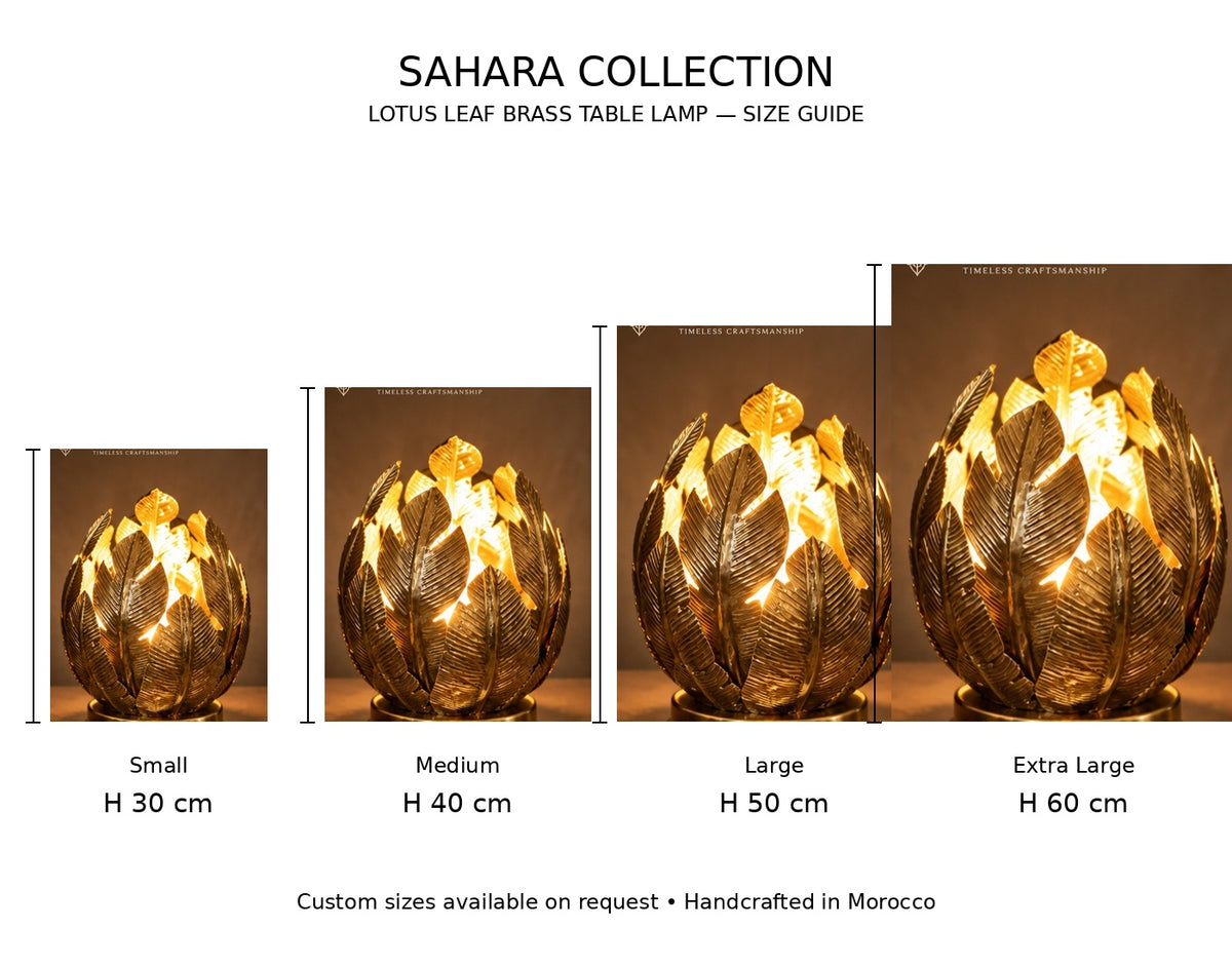 Sahara Collection lotus leaf brass lamp size guide 30 40 50 60 cm