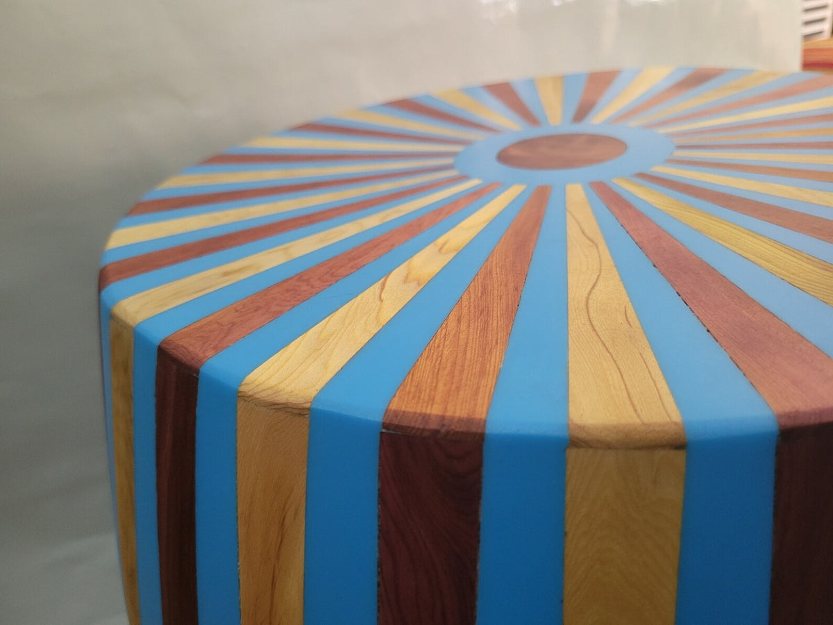 Close-up of Moroccan cedar wood and blue resin inlay