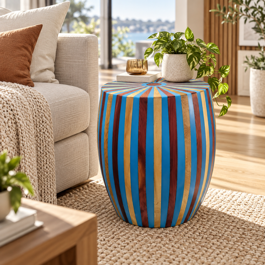 Marrakech blue cedar and resin side table in a modern Australian home