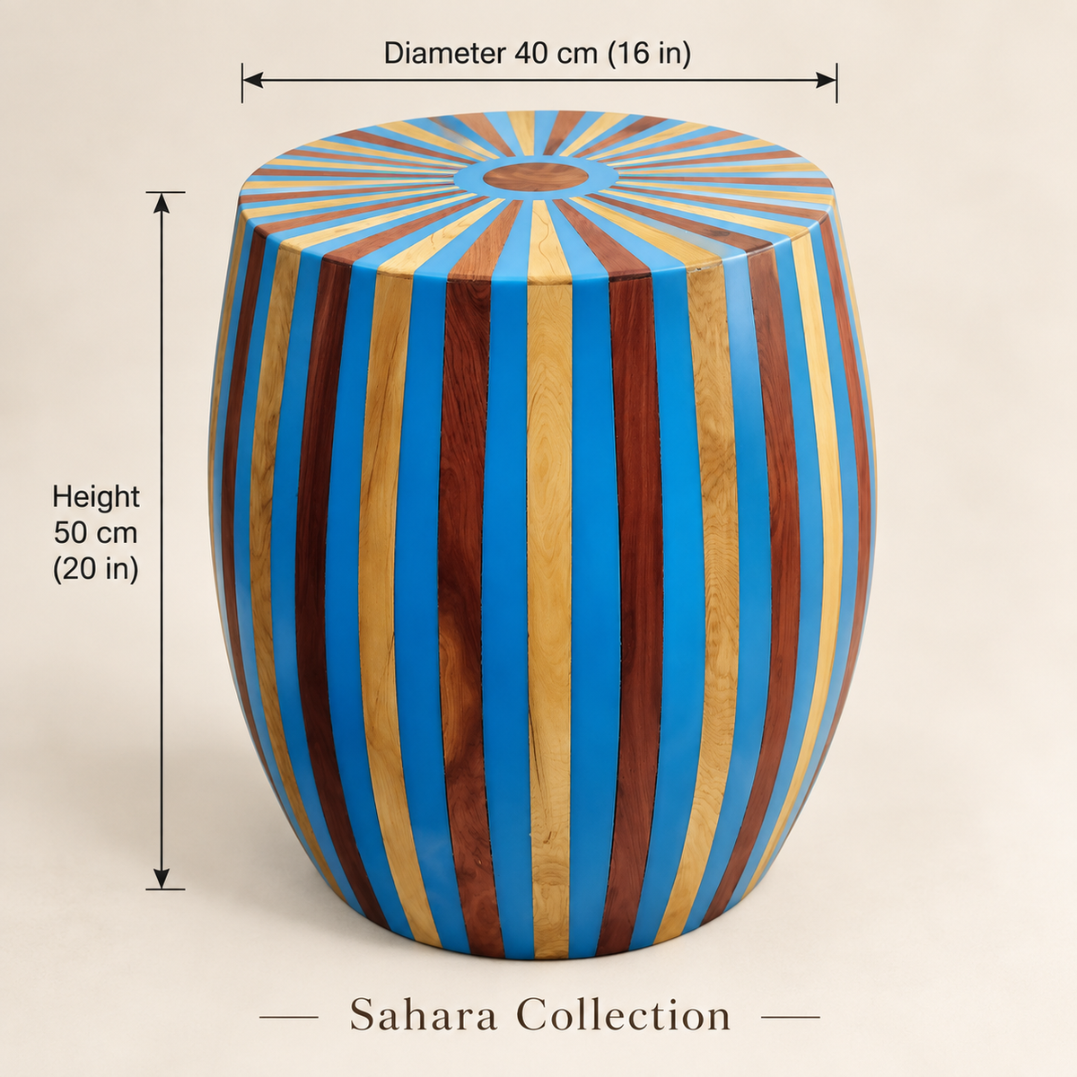 Marrakech blue cedar and resin side table dimensions – diameter 40 cm and height 50 cm