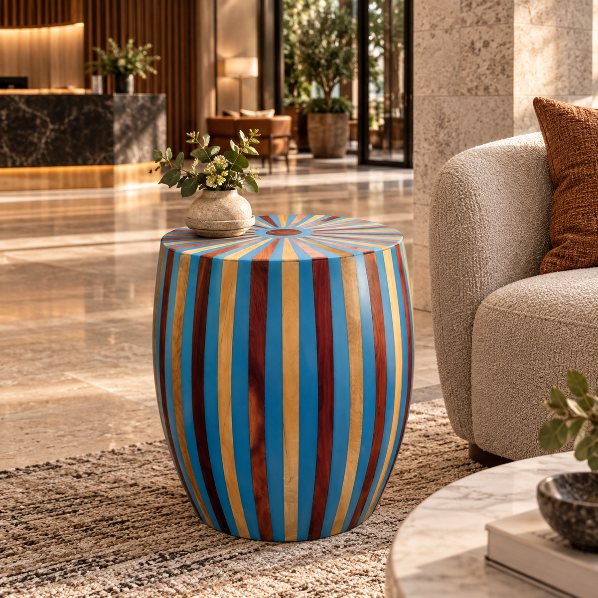 Marrakech blue cedar and resin side table in a luxury Melbourne hotel