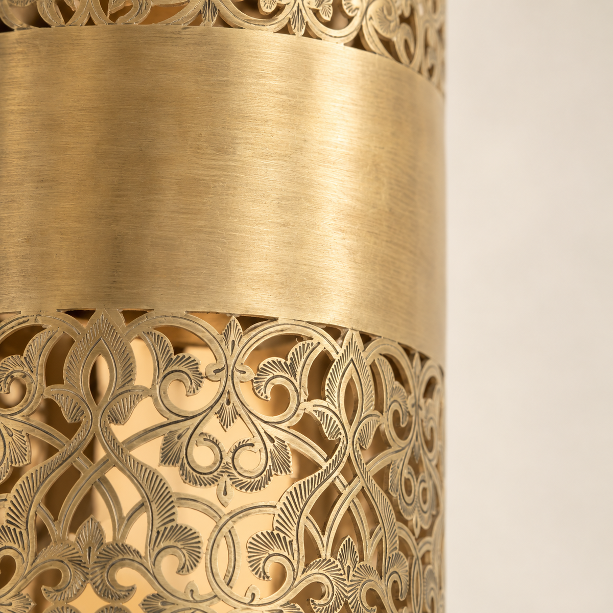 Close-up of hand-finished Moroccan brass filigree detailing