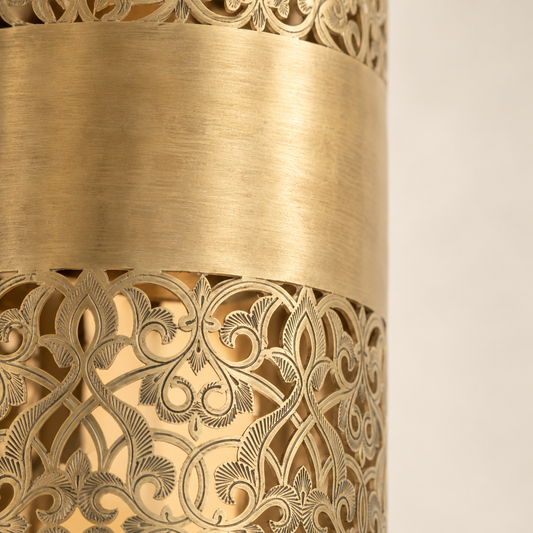 Close-up of hand-finished Moroccan brass filigree detailing