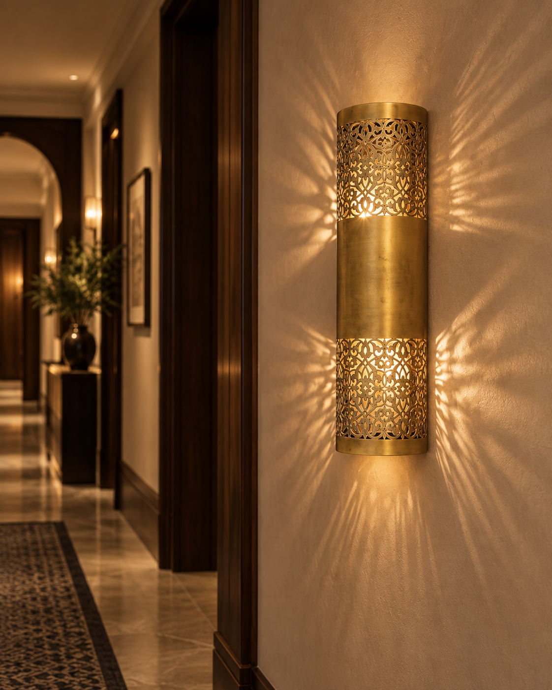 Handcrafted brass wall sconce in a luxury Melbourne hotel corridor