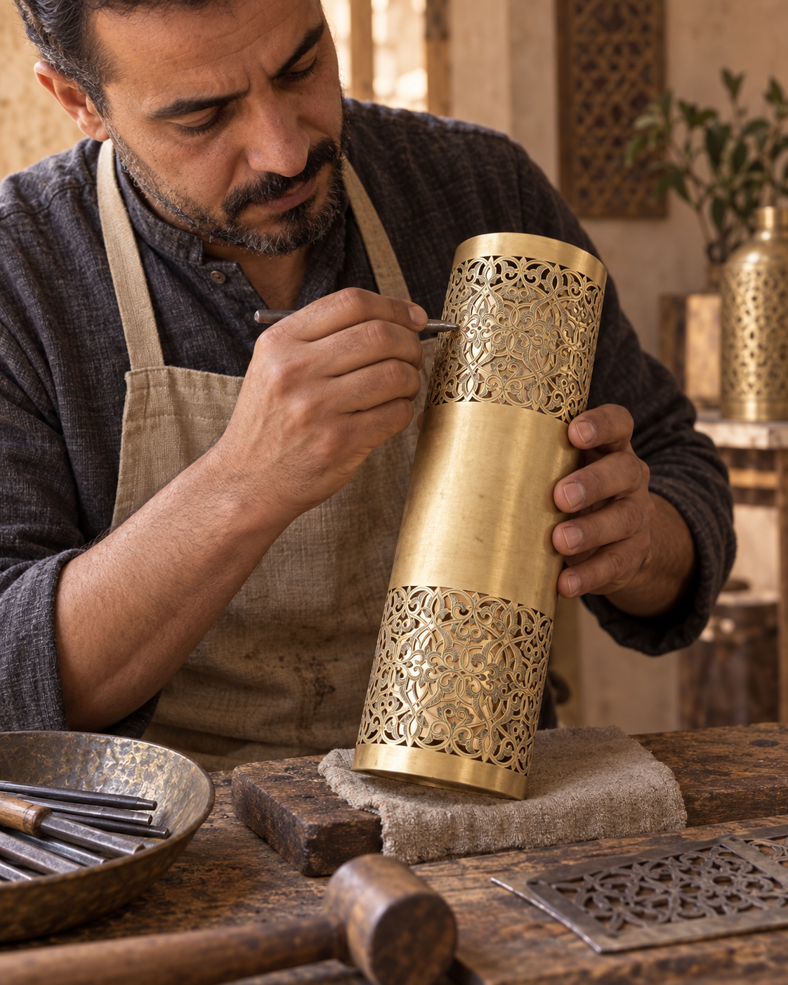 Moroccan artisan hand-finishing the brass wall sconce