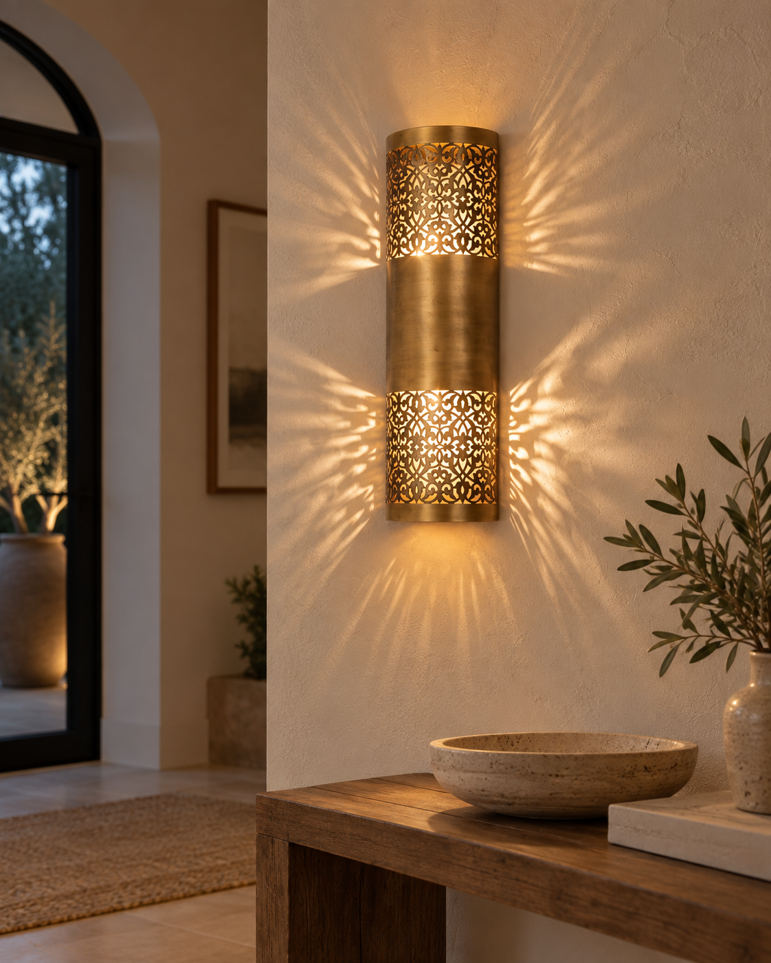 Moroccan brass wall sconce illuminated in an Australian home