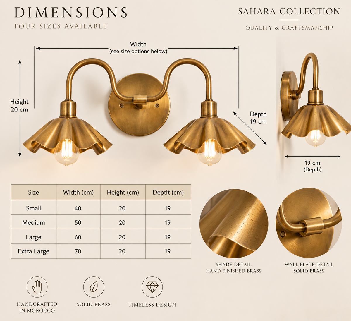 Marrakech Double Petal Brass Wall Sconce size and dimensions guide by Sahara Collection