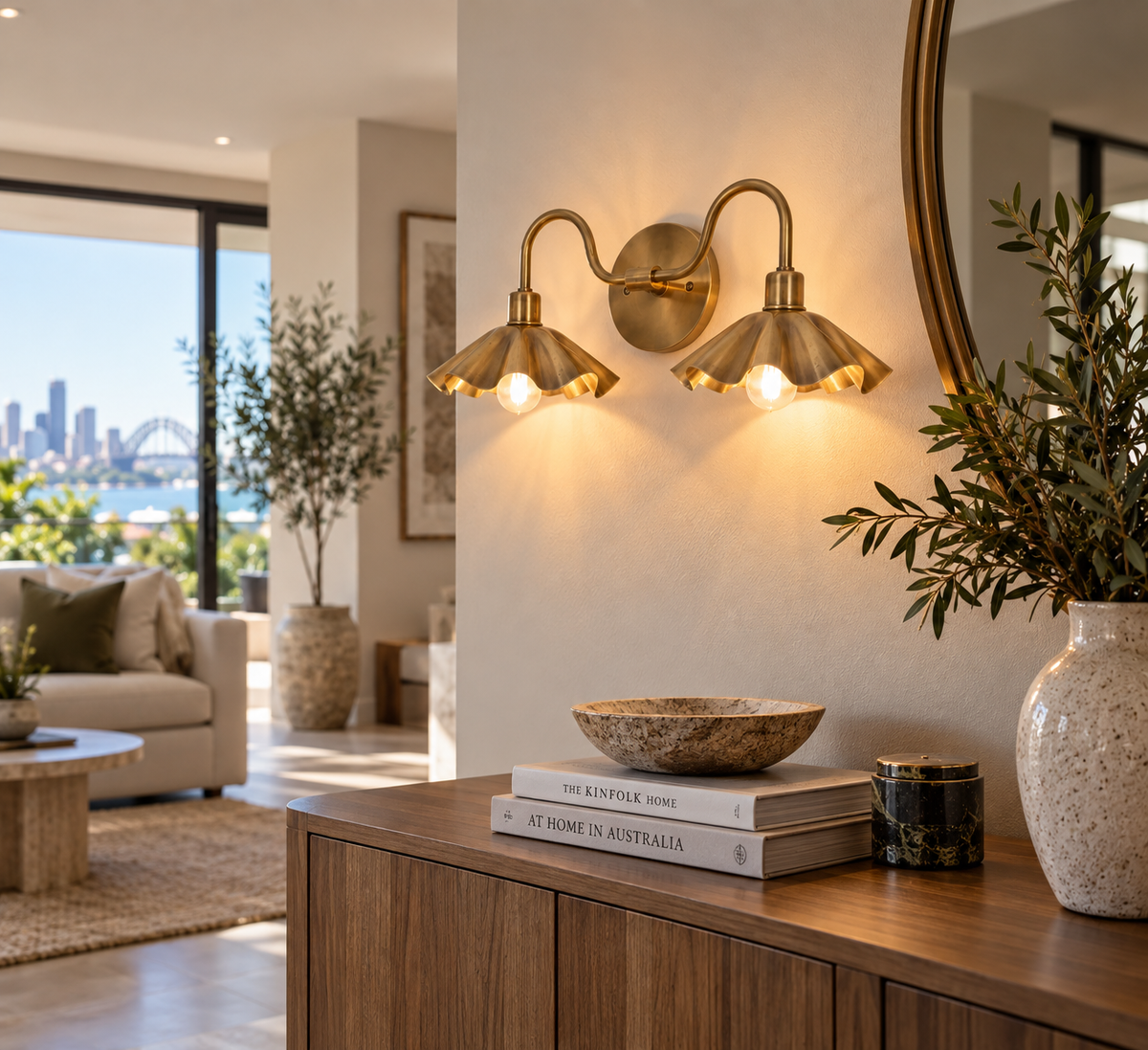 Marrakech Double Petal Brass Wall Sconce in a luxury Australian home