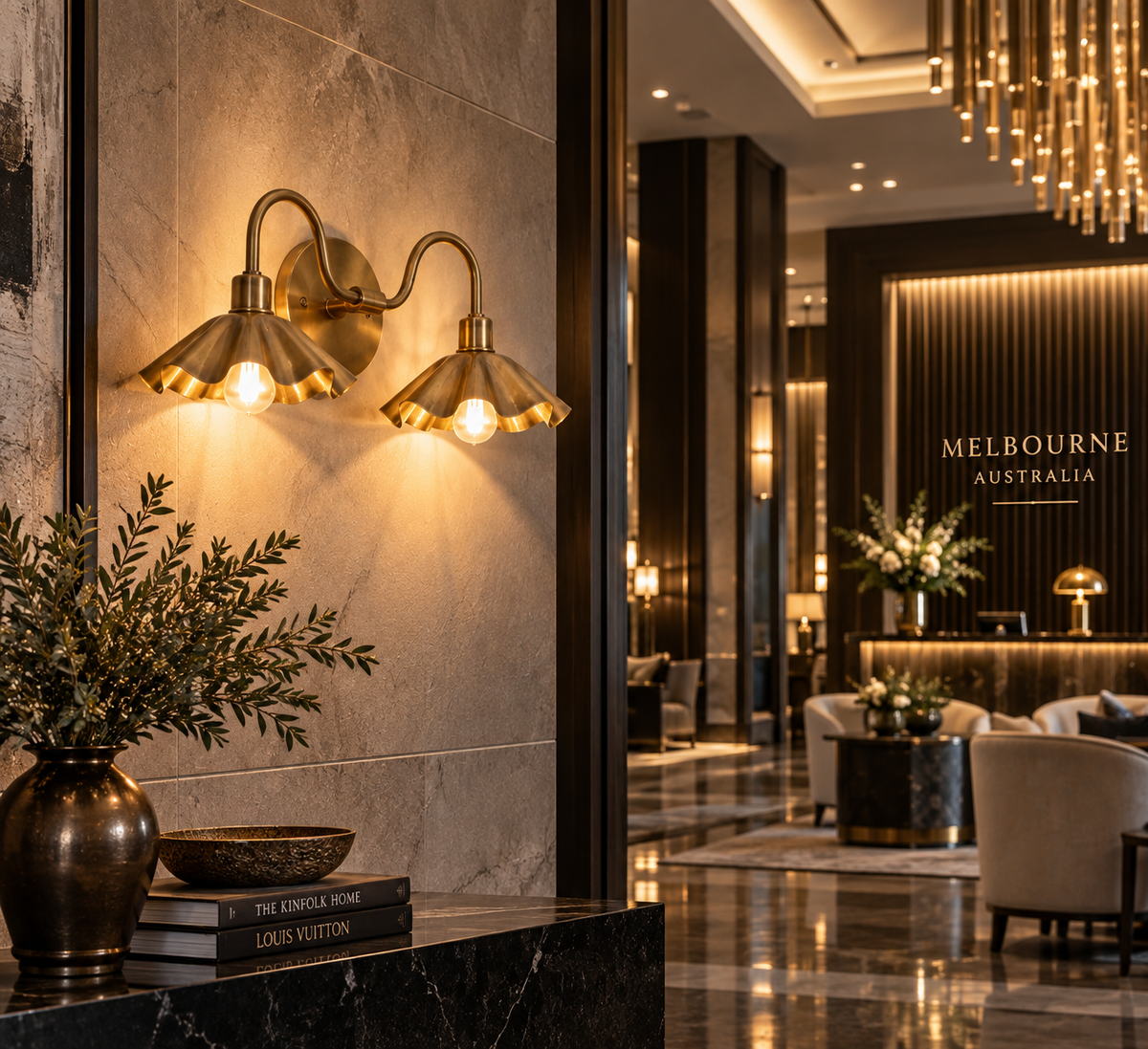 Marrakech Double Petal Brass Wall Sconce in a luxury Melbourne hotel