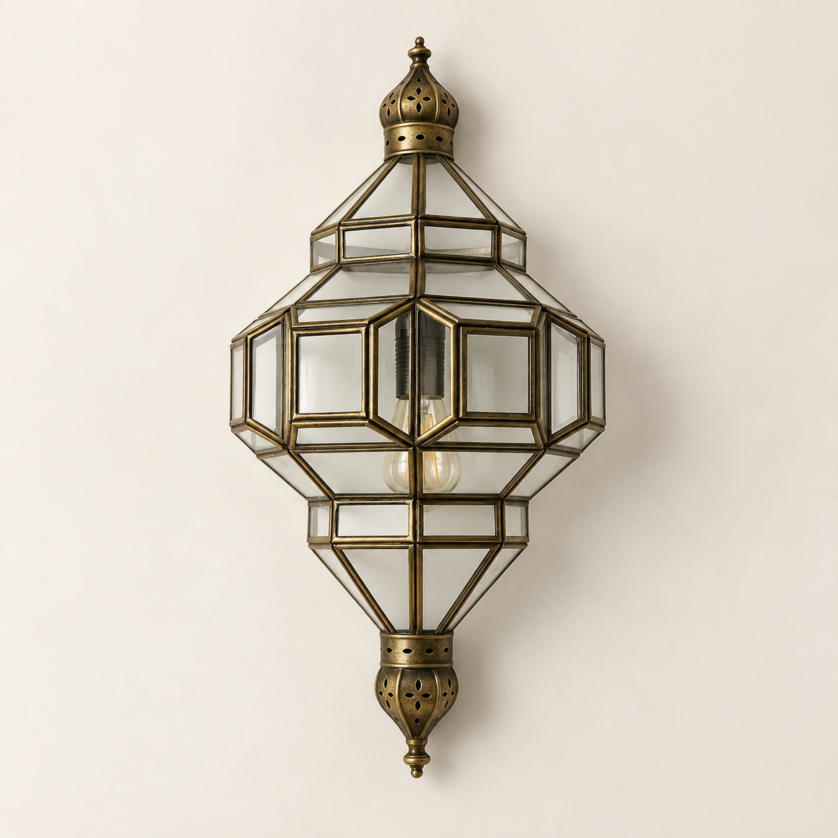 Marrakech geometric clear glass and antique brass wall lantern