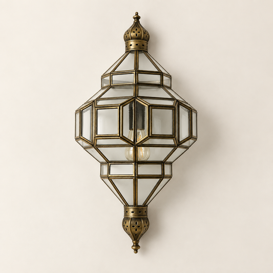 Marrakech geometric clear glass and antique brass wall lantern