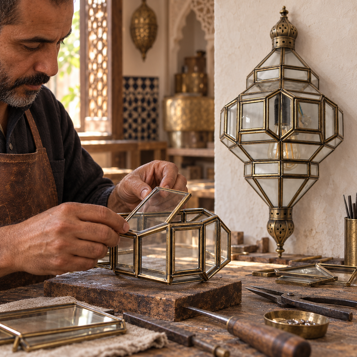 Moroccan artisan handcrafting an antique brass and clear glass wall lantern