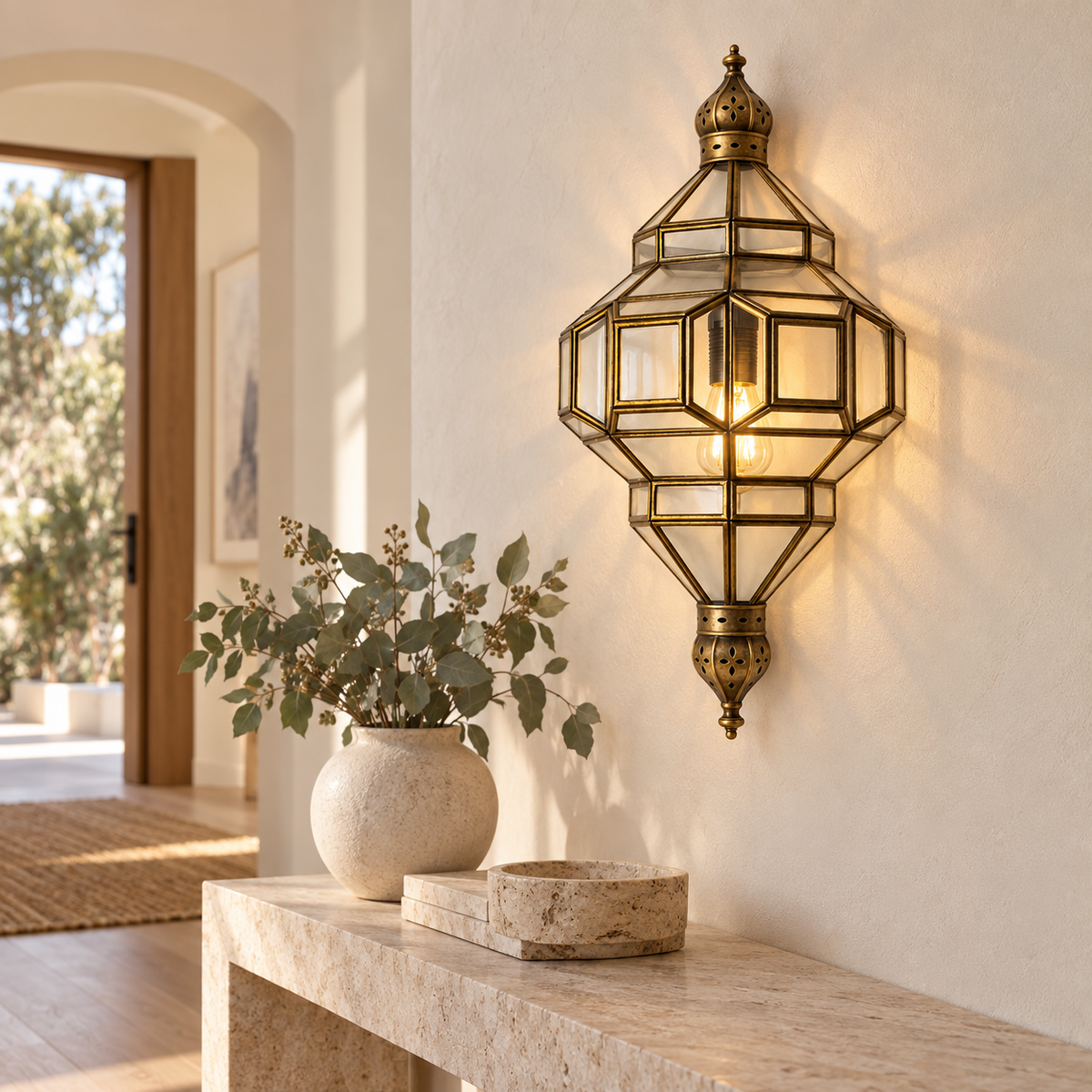 Moroccan brass and clear glass wall lantern in an Australian home
