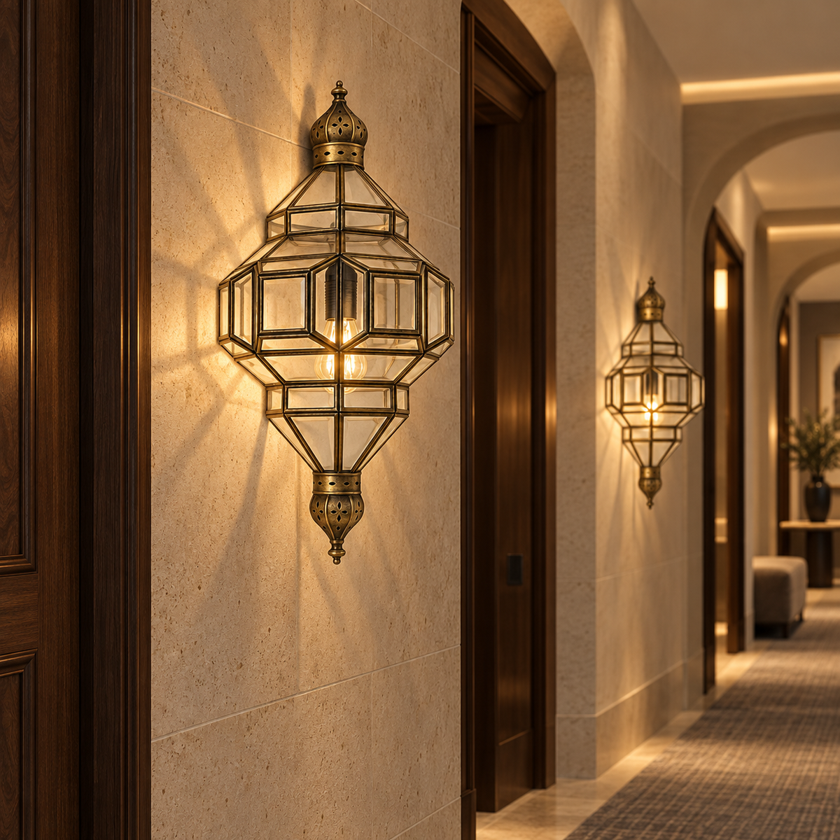 Moroccan wall lanterns in a luxury Melbourne hotel corridor