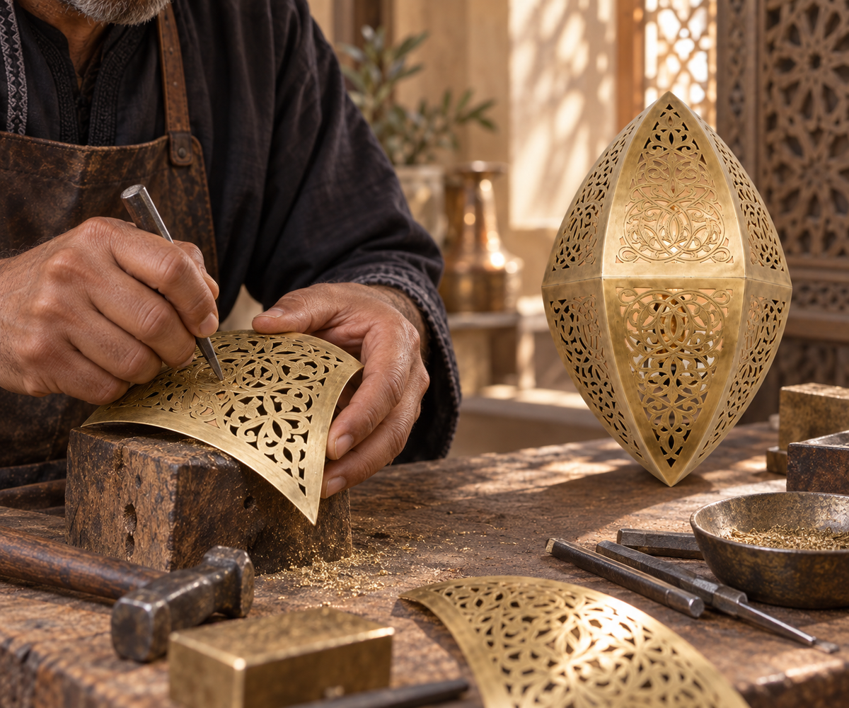 Moroccan artisan handcrafting the pierced brass wall sconce
