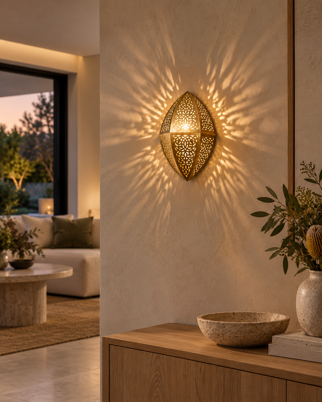 Moroccan brass wall sconce styled in a contemporary Australian home