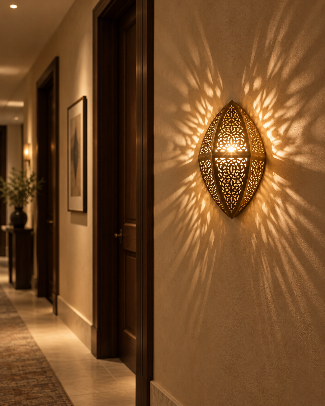 Handcrafted brass wall sconce in a luxury Melbourne hotel corridor