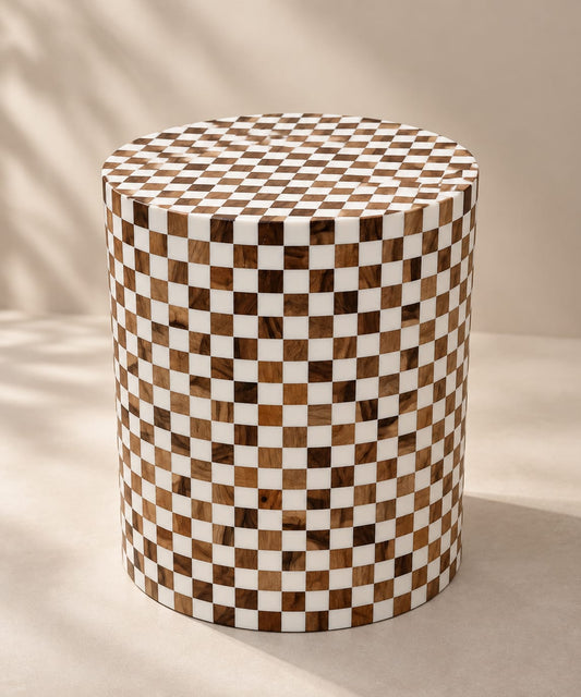 Handcrafted walnut and white resin checkerboard side table by Sahara Collection