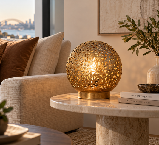 Moroccan brass globe table lamp in Australian luxury interior