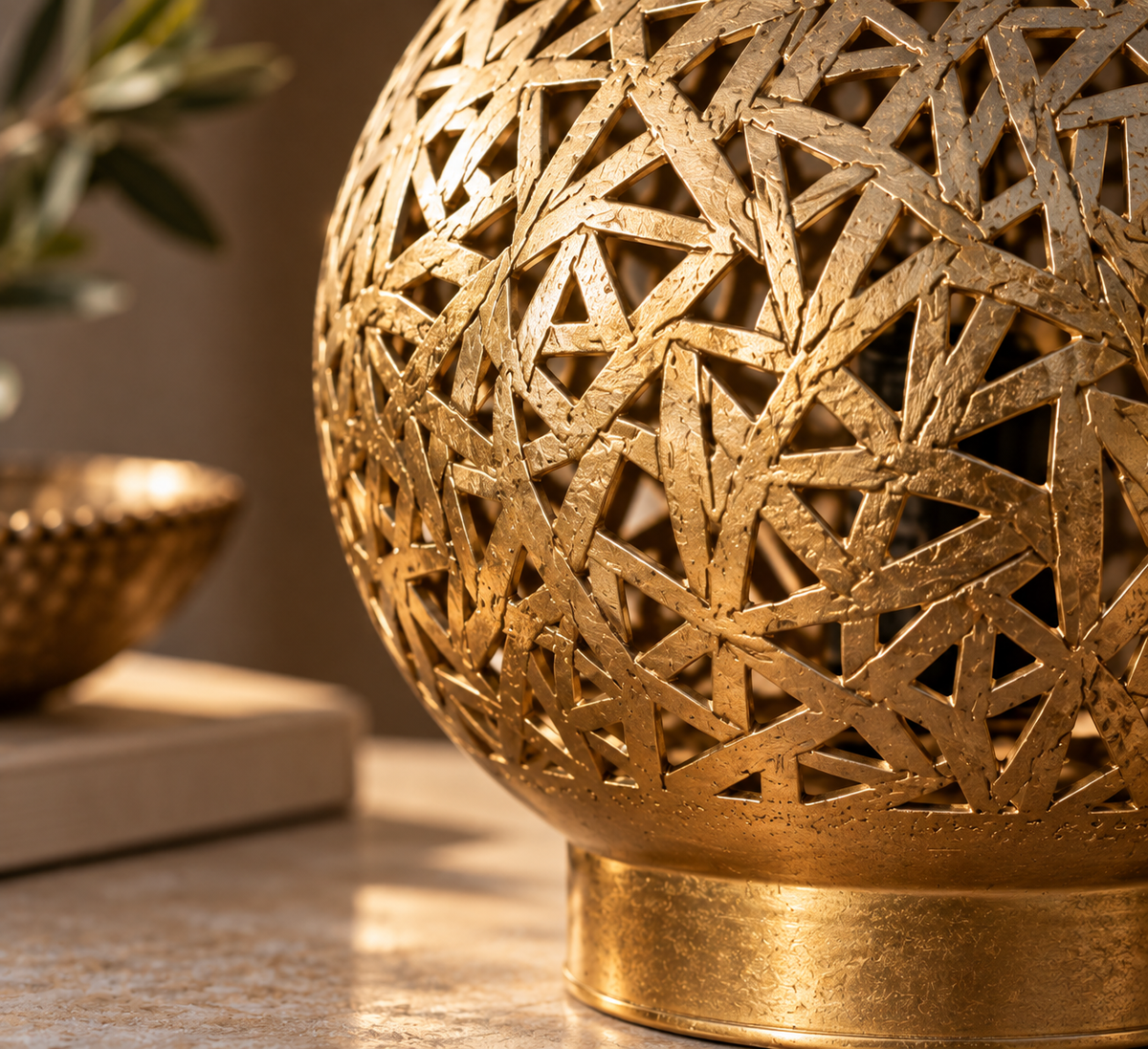 Close-up handcrafted pierced solid brass Moroccan lamp