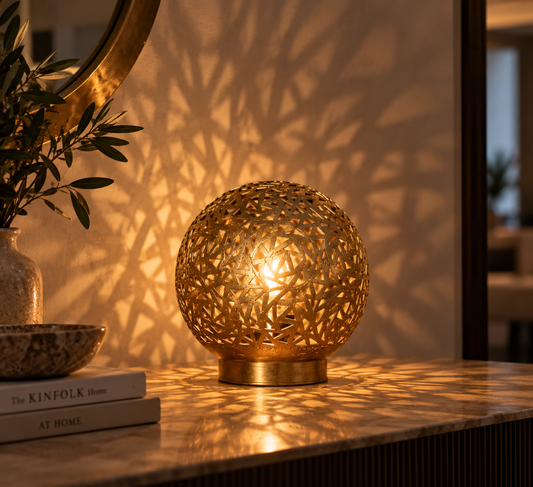 Illuminated Moroccan brass globe lamp casting patterned shadows