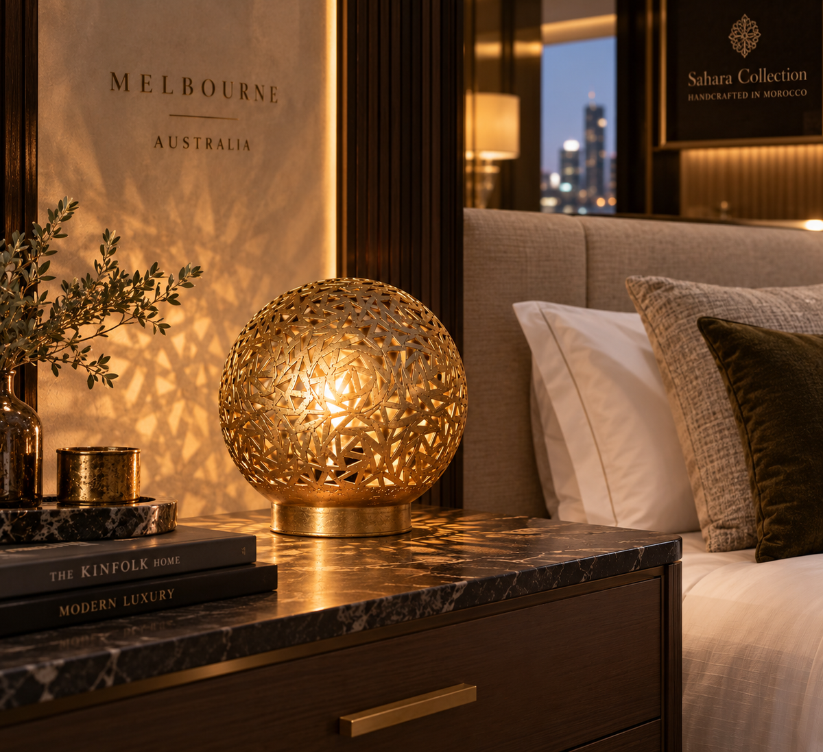 Moroccan brass table lamp styled in a Melbourne luxury hotel
