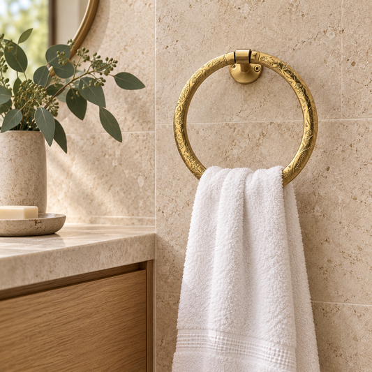 Hand-engraved Moroccan brass towel ring in a luxury Australian home bathroom
