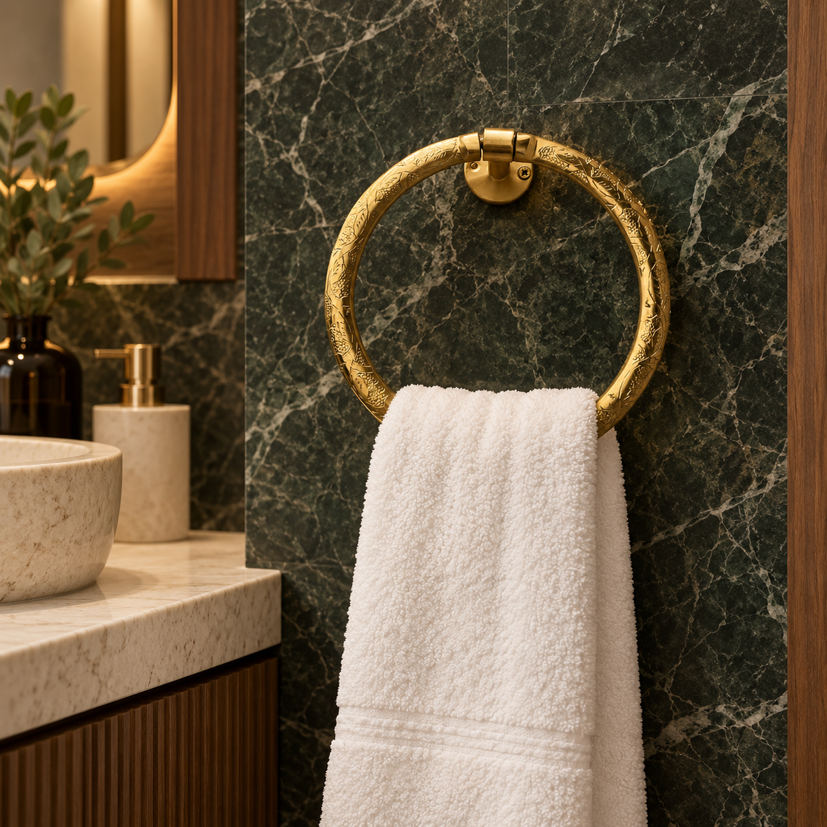 Moroccan brass towel ring in a luxury Melbourne hotel bathroom