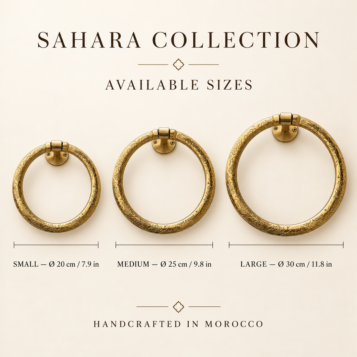 Moroccan brass towel ring size guide: 20 cm, 25 cm and 30 cm