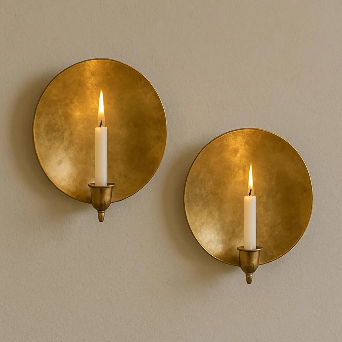 Set of two handmade round Moroccan brass wall candle sconces