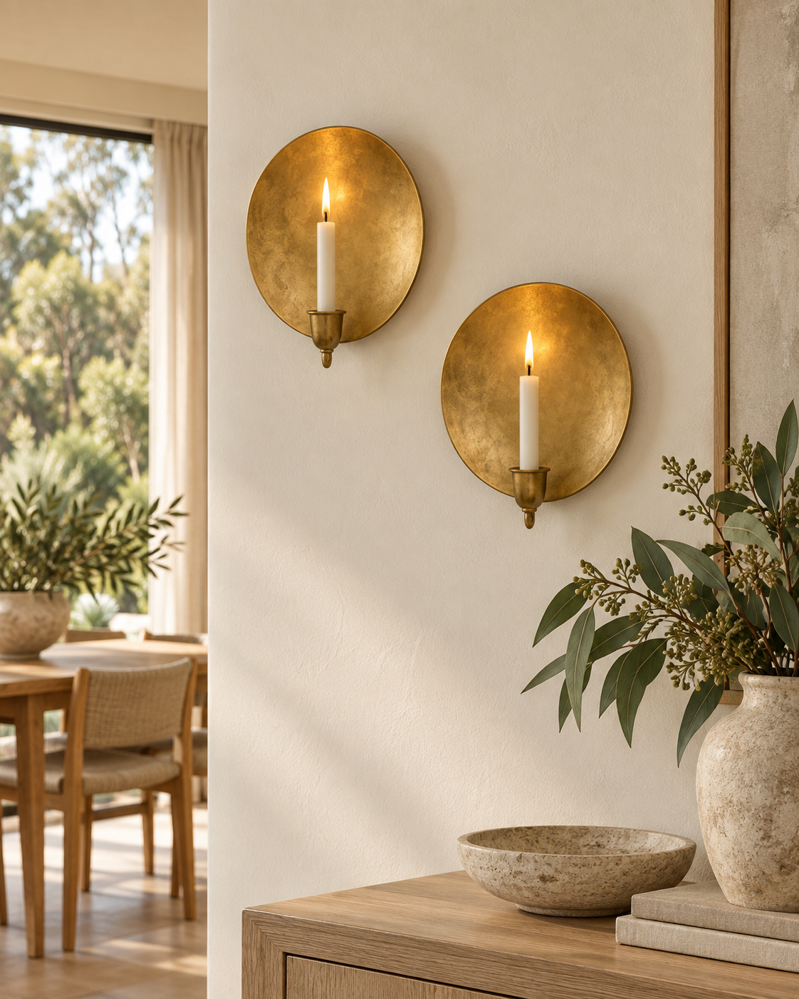 Pair of round Moroccan brass wall candle sconces in a modern Australian home
