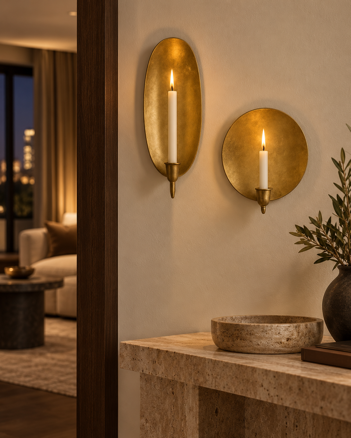 Oval and round Moroccan brass wall candle sconces in a luxury Melbourne hotel