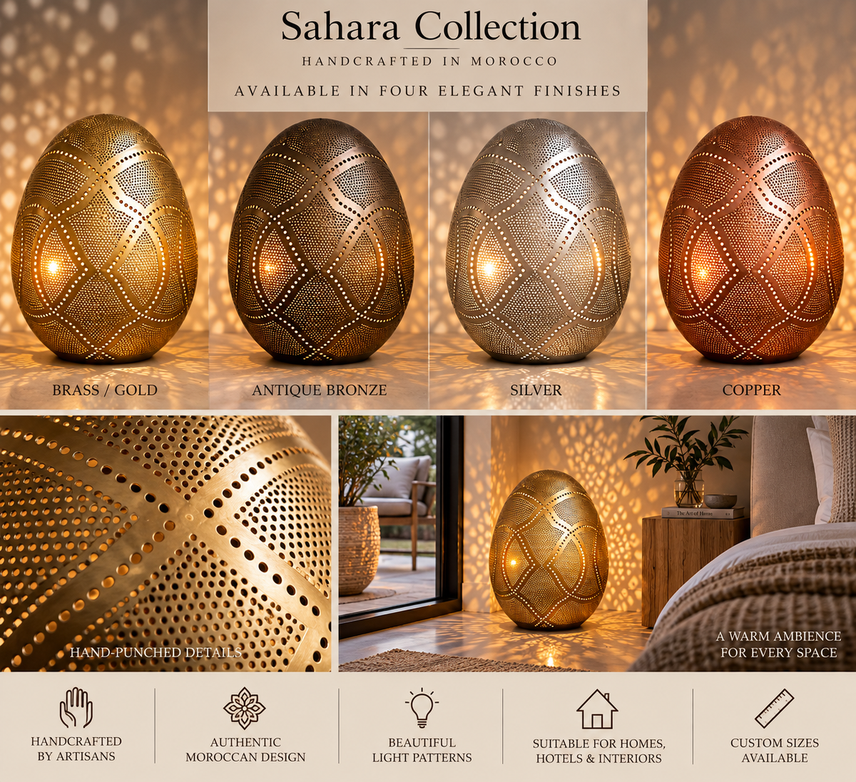 Sahara Collection Moroccan egg lamp four metal finishes