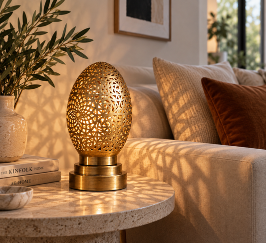Moroccan brass egg table lamp illuminated with patterned shadows