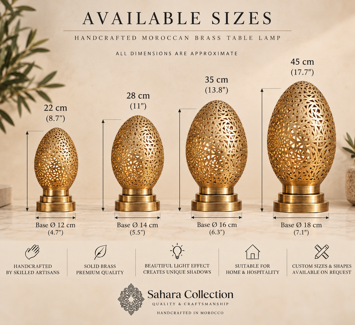 Sahara Collection Moroccan pierced brass egg table lamp size guide 22 28 35 45 cm