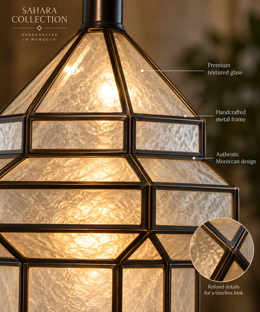 Close-up of handcrafted Moroccan geometric glass and metal pendant lantern