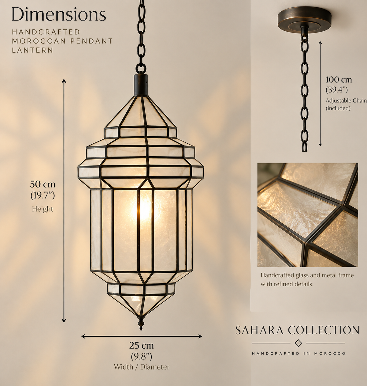Moroccan geometric pendant lantern dimensions 50 cm height 25 cm width and adjustable 100 cm chain