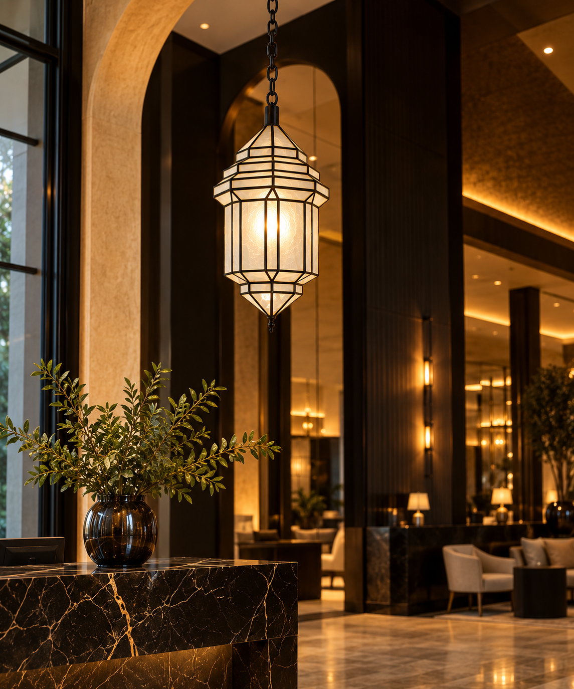 Moroccan geometric glass pendant lantern in a luxury Melbourne hotel interior