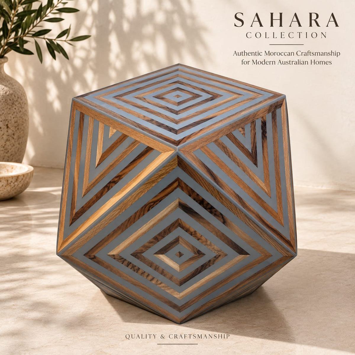 Handcrafted Moroccan geometric wood and grey resin side table by Sahara Collection