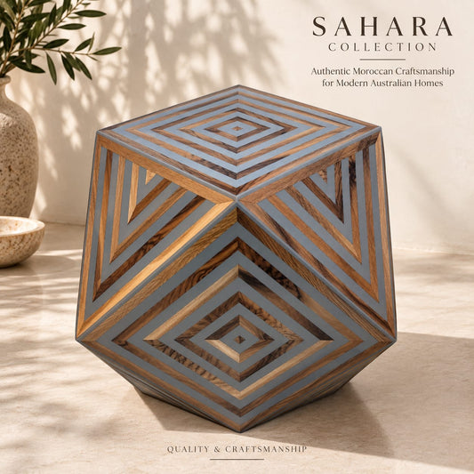 Handcrafted Moroccan geometric wood and grey resin side table by Sahara Collection