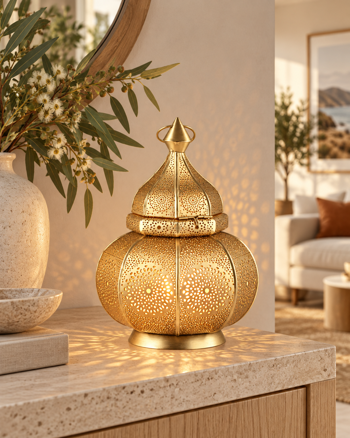 Gold Moroccan pierced lantern glowing in a modern Australian home
