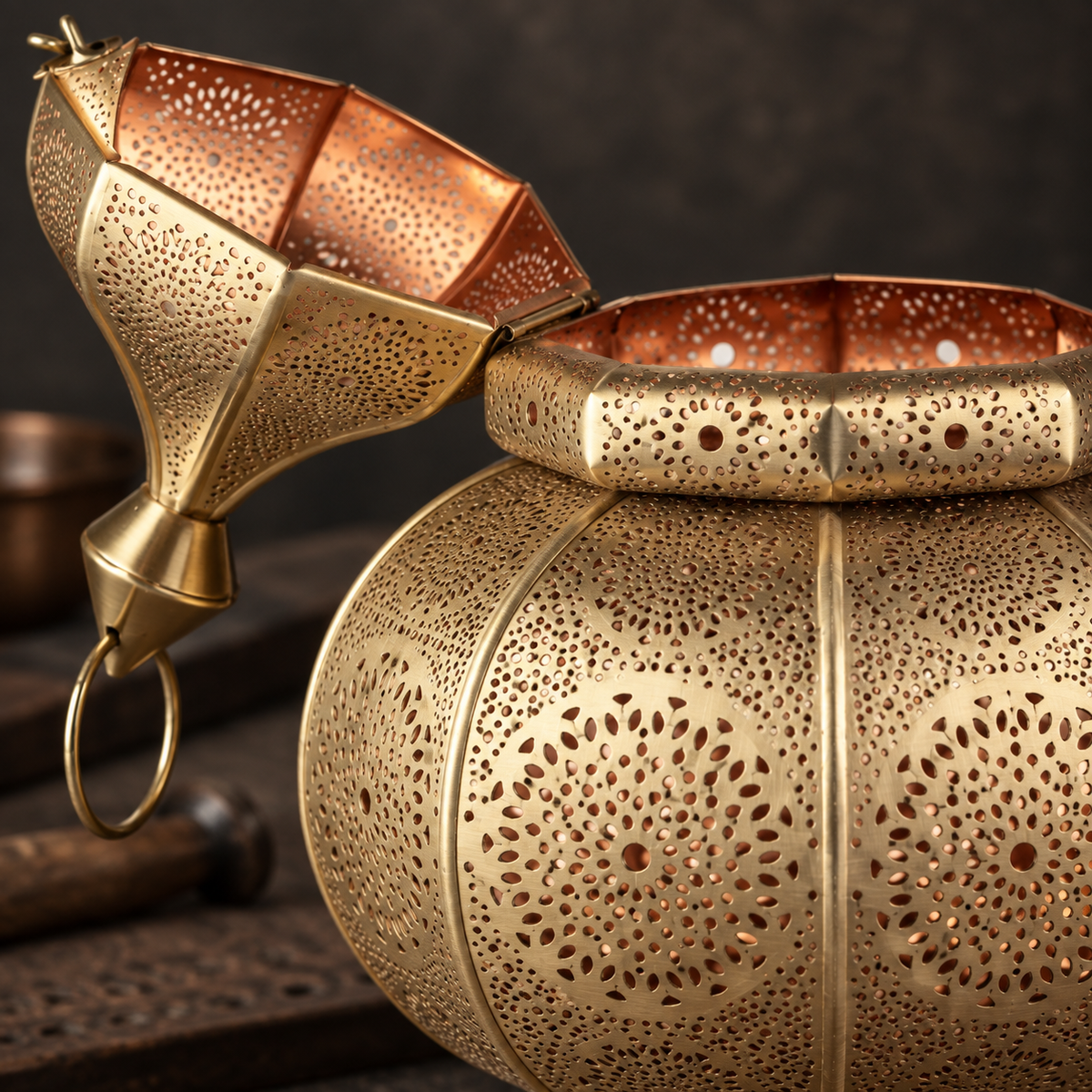Close-up of handcrafted Moroccan pierced brass lantern detailing