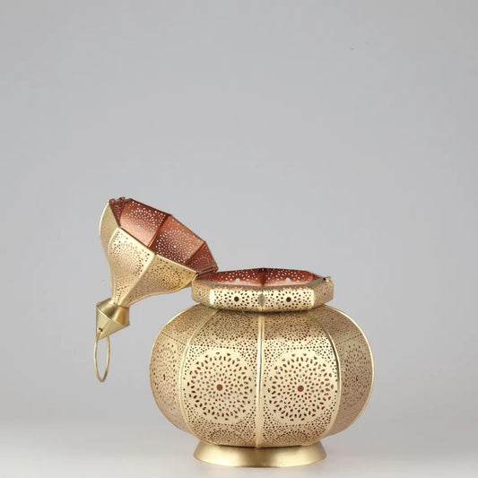 Gold Moroccan table lantern with hinged lid open