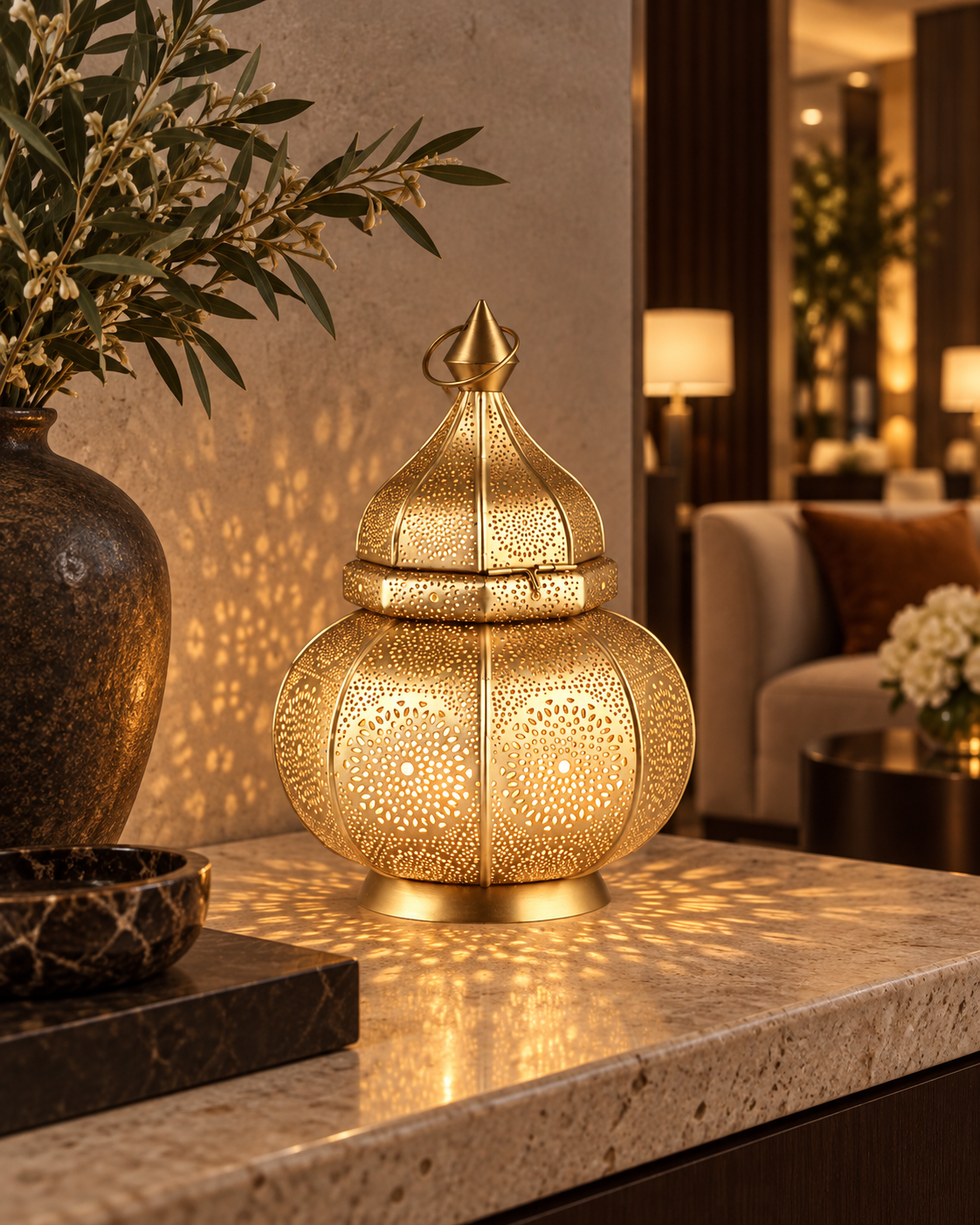 Gold Moroccan pierced lantern in a luxury Melbourne hotel