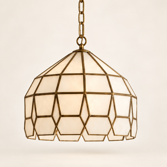Handcrafted Moroccan antique brass and milk glass pendant light