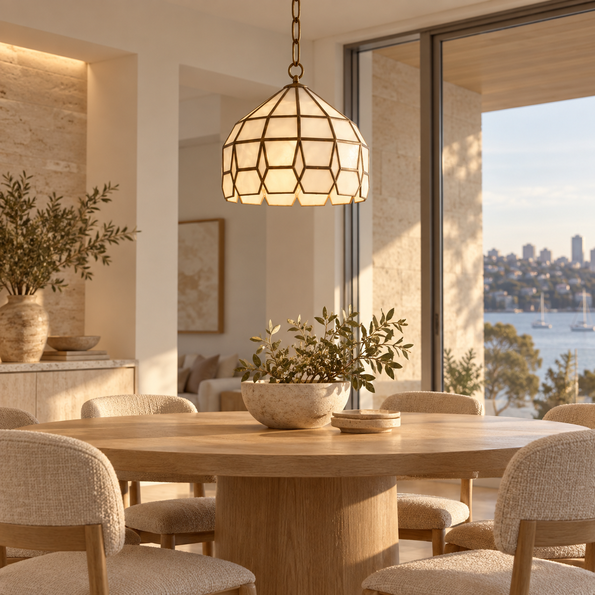 Moroccan brass and milk glass pendant in an Australian home