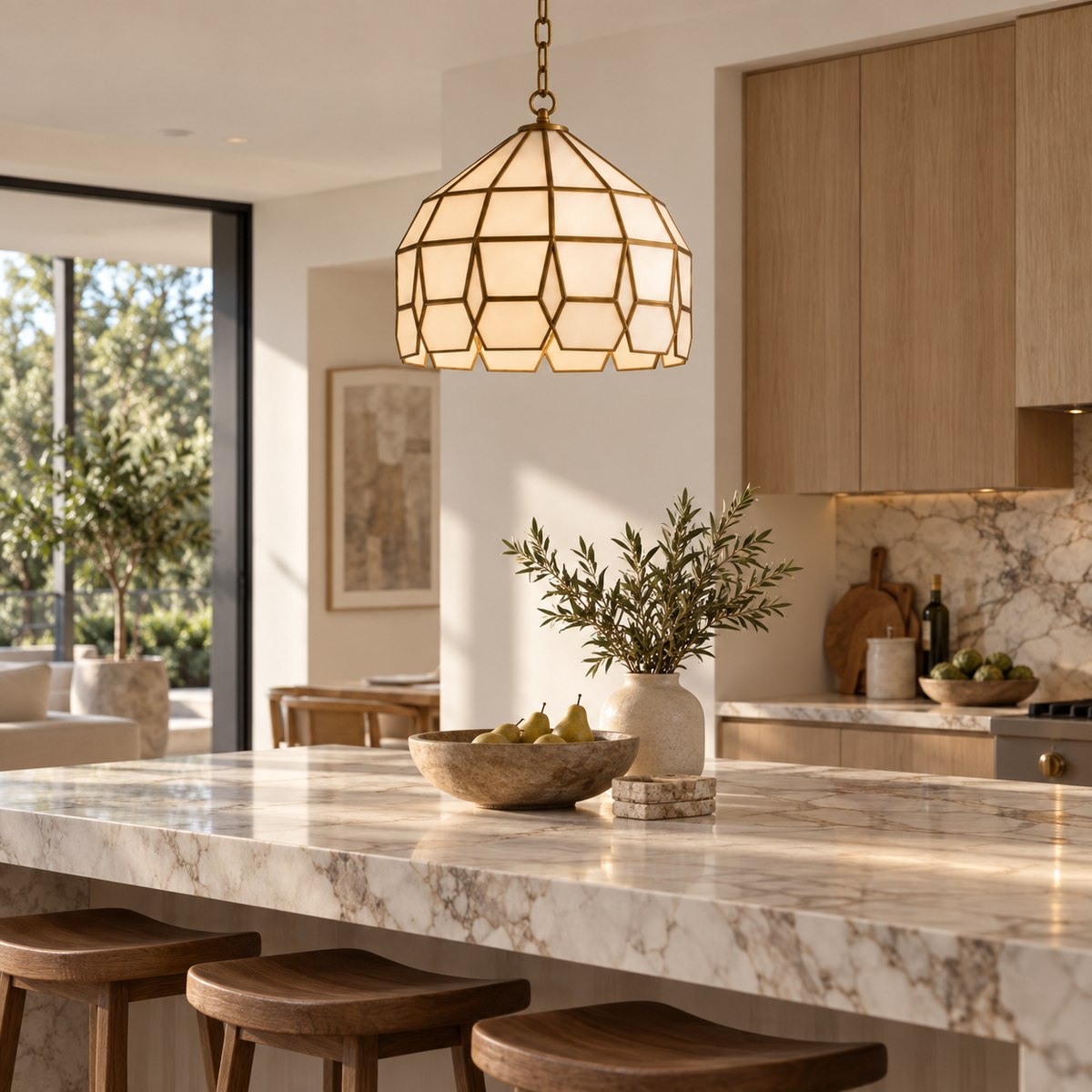 Moroccan brass and milk glass pendant over an Australian kitchen island