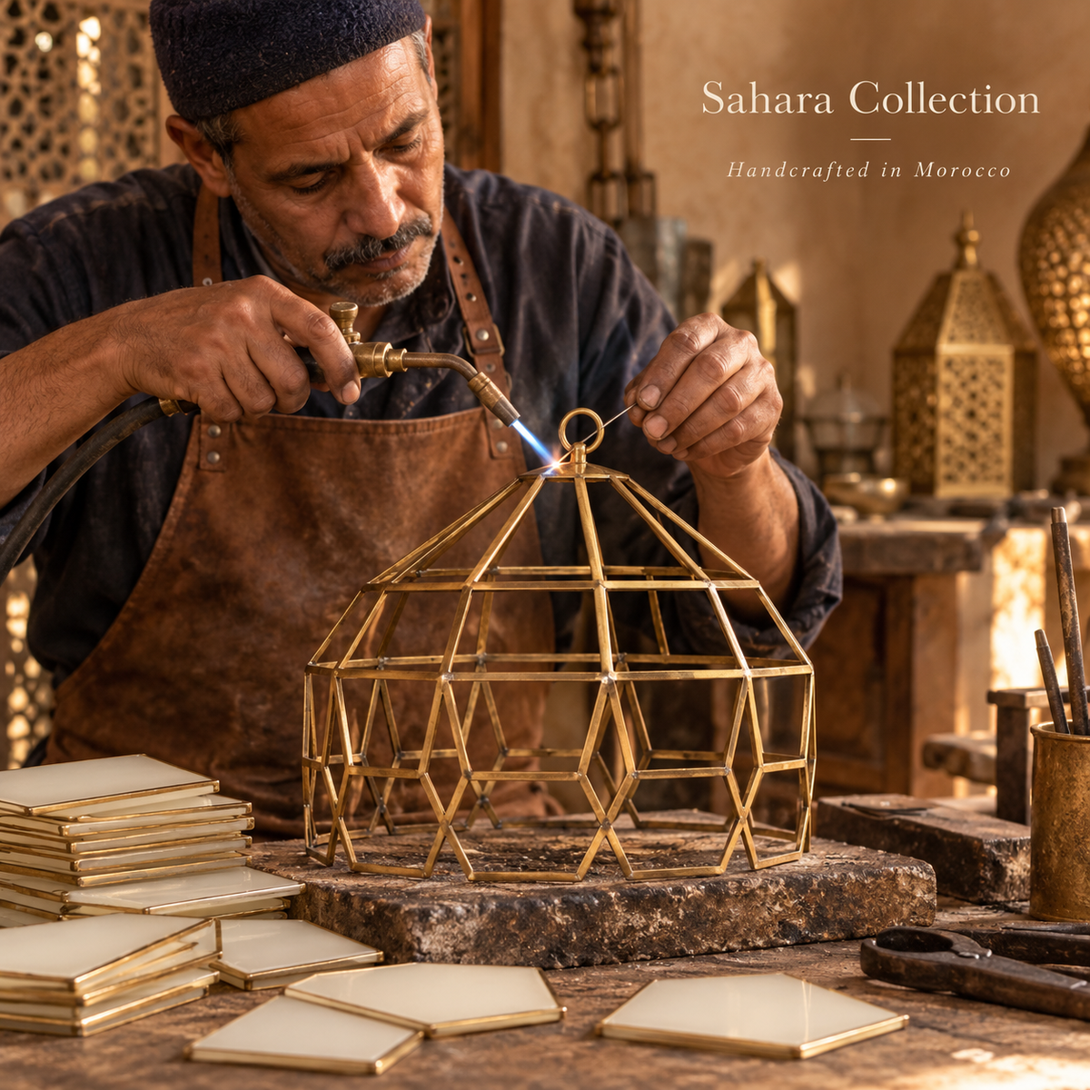 Moroccan artisan handcrafting the brass pendant framework