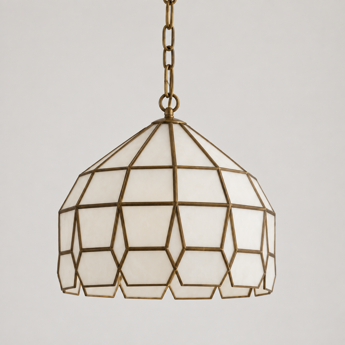 Unlit Moroccan brass and milk glass pendant light